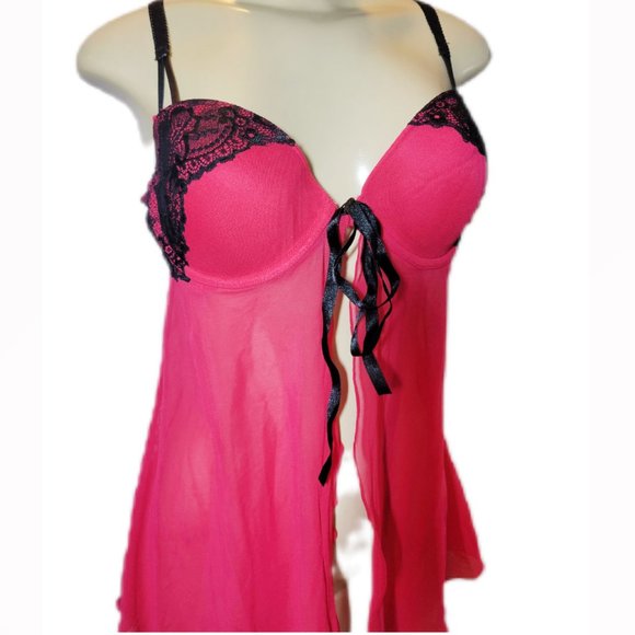 ❤️Red & Black Lace Semi Sheer Babydoll Lingerie Pushup Bra Slip Chemise Top❤️ - Picture 2 of 6